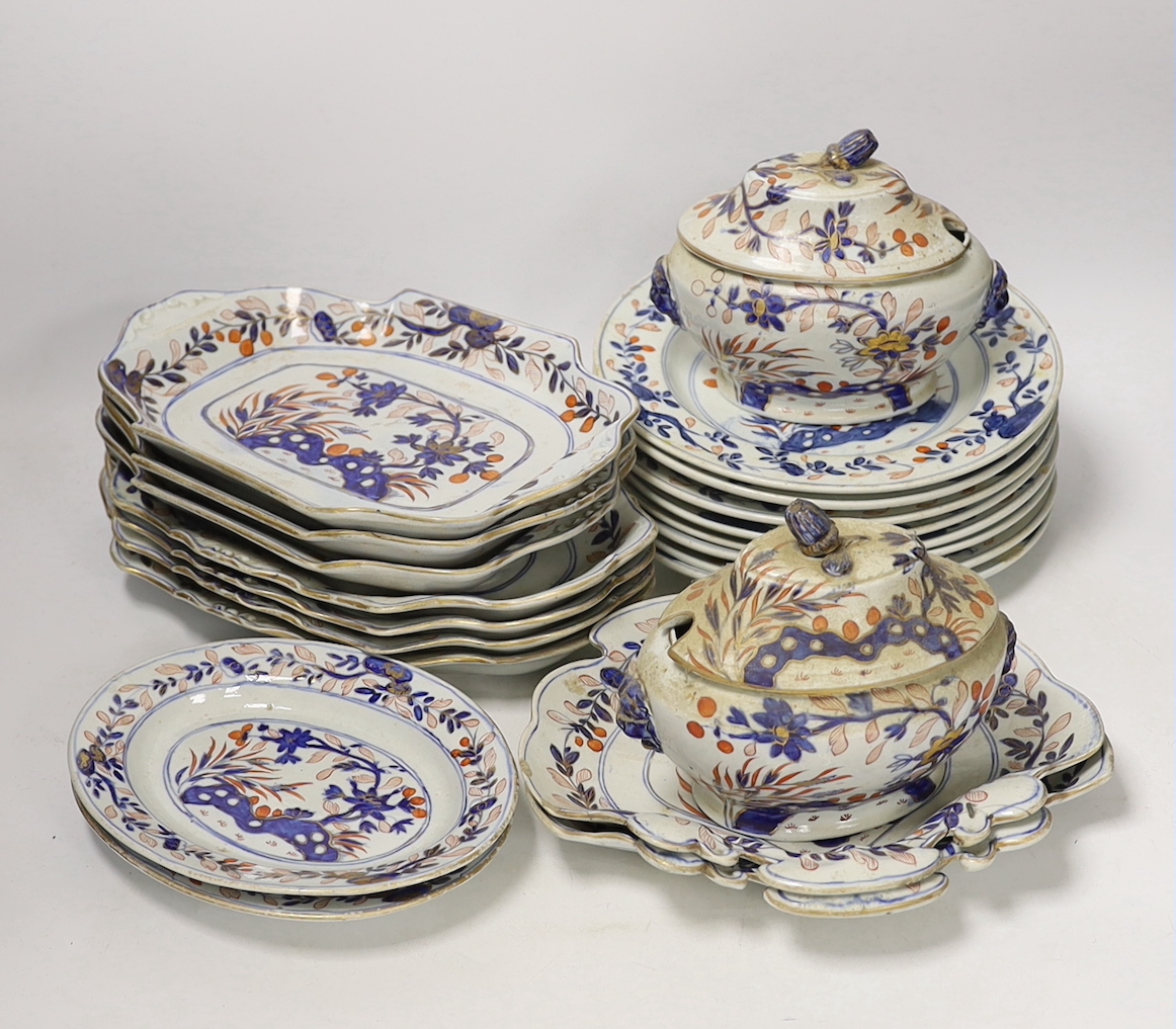 A Mason’s ironstone Japan pattern part dessert service, c.1815-20, including two lidded serving dishes, eight plates and eleven shaped dishes of various sizes, largest 29cm